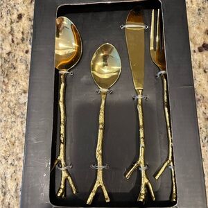 TAHARI NIB service for 4 Gold tone stainless steel Tree Branch pattern